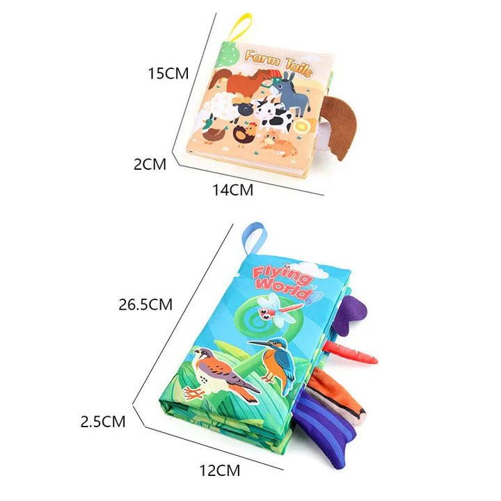 Size guide showing 15 x 2 x 14 cm and 26.5 x 2.5 x 12 cm fabric book designs.