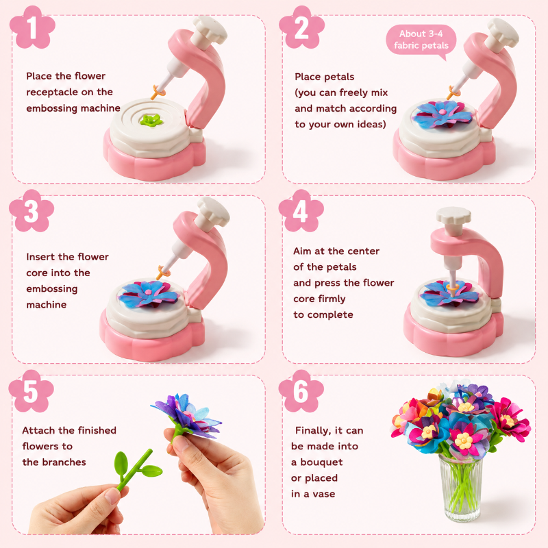 Six-step guide to pressing fabric petals and assembling a flower bouquet