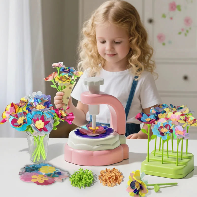 Child holding a colorful fabric flower bouquet beside the pink flower press