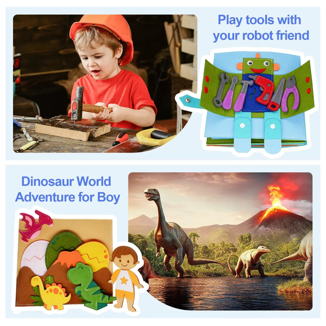 Fabric robot-tool and dinosaur scenes shown with a child using tools and a dinosaur illustration