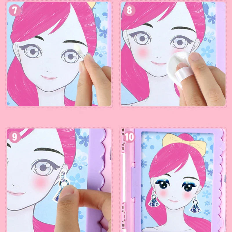 Four close-up steps showing color and decorative details added to an illustrated face