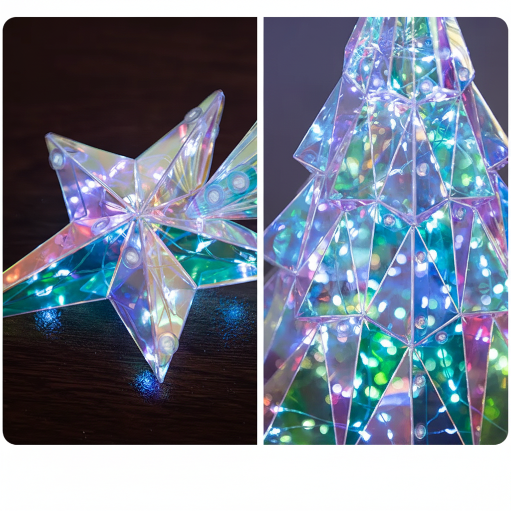 Detail views of the illuminated star topper and faceted plastic Christmas tree branches