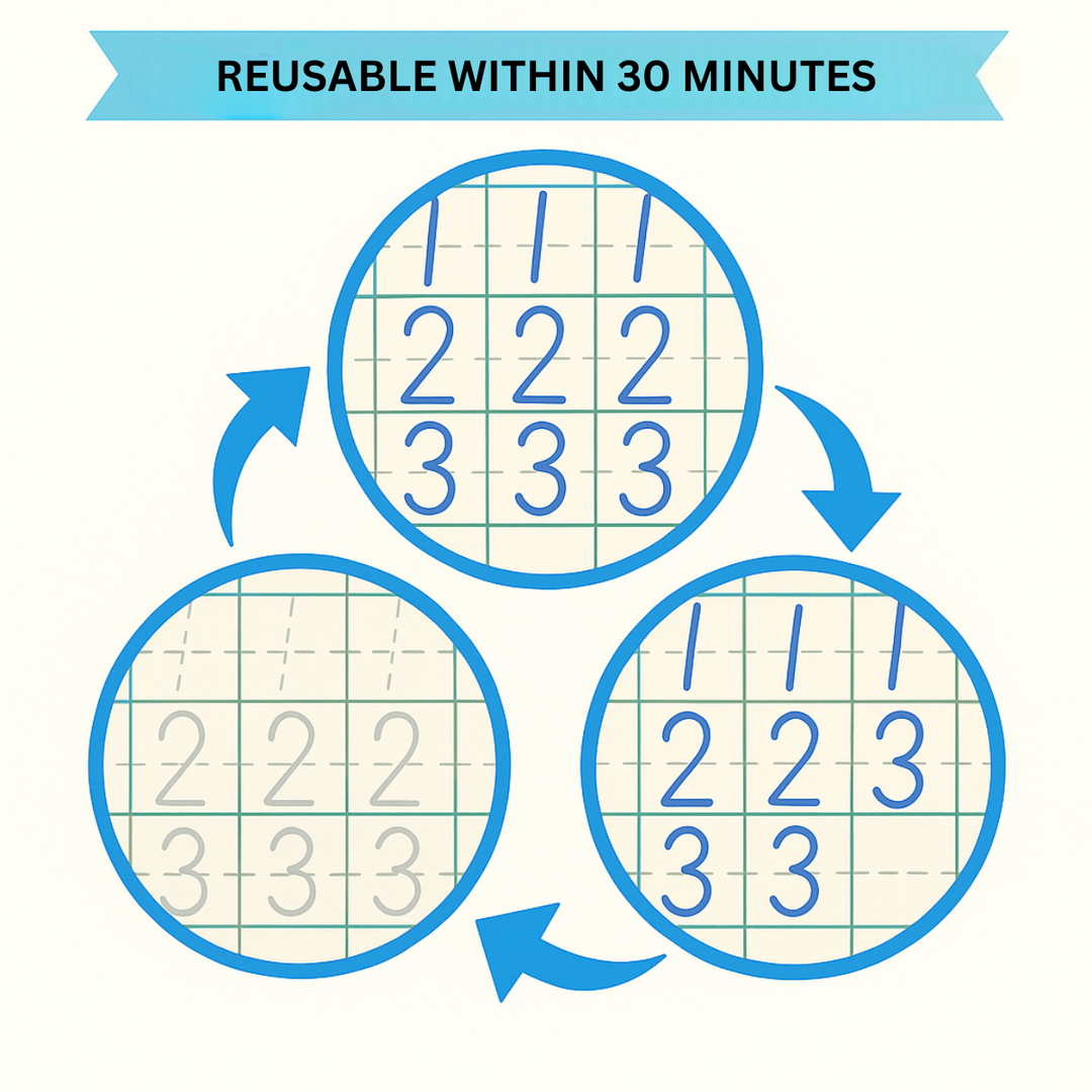 Diagram showing traced numbers fading between rounds of writing practice