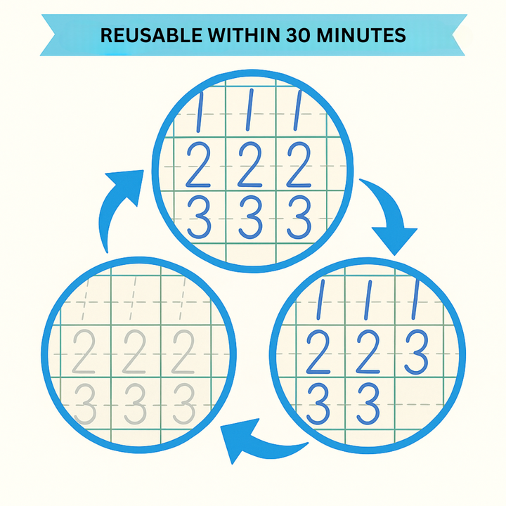 Diagram showing traced numbers fading between rounds of writing practice