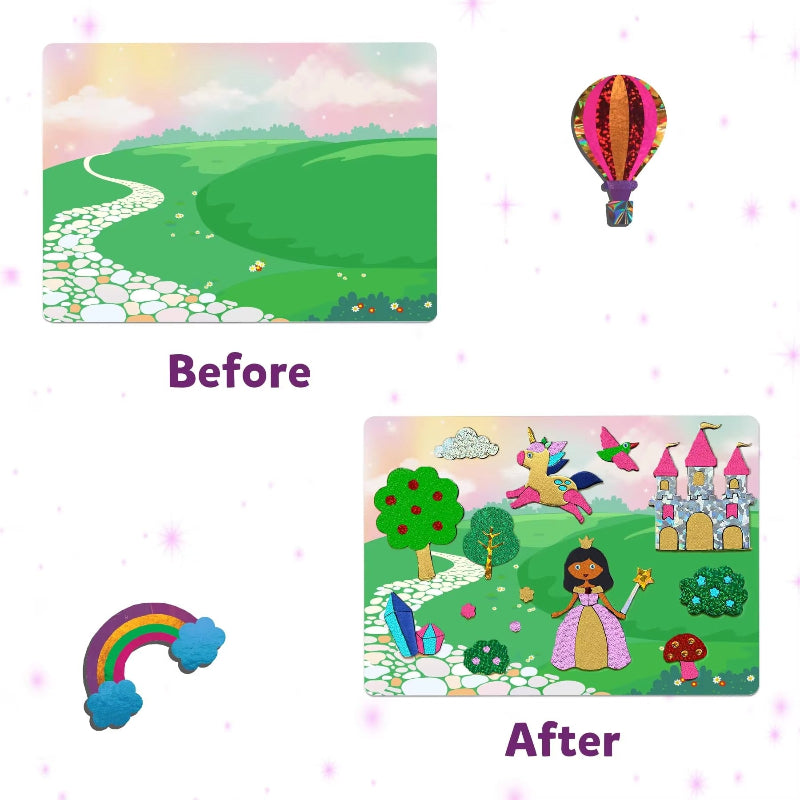 Fairy-tale background before and after decorating with colorful foil stickers