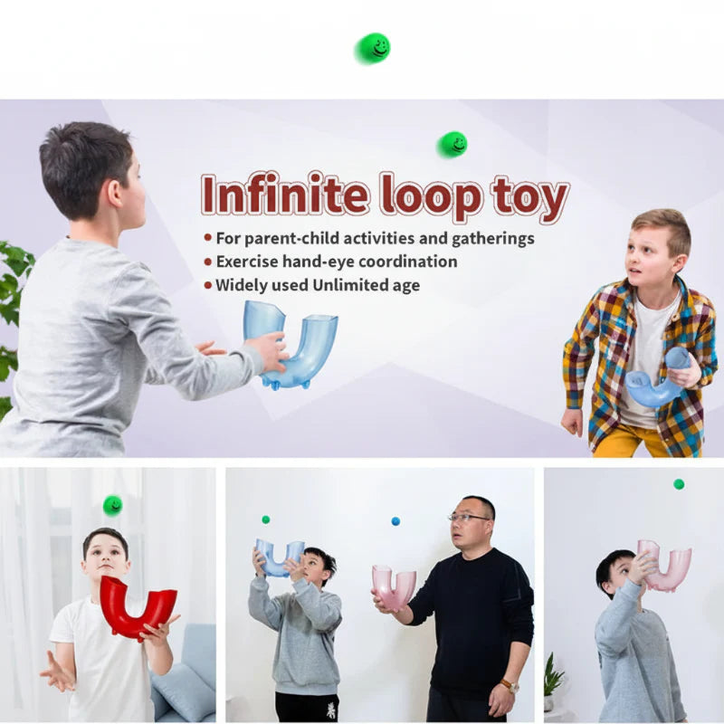 Adults and children practicing ball control with U-shaped tubes indoors