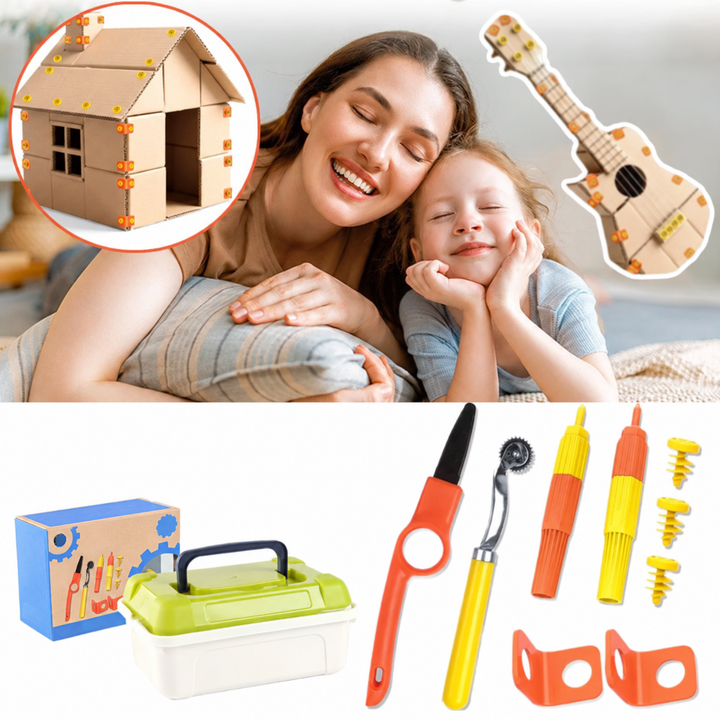 Adult and child with cardboard house and guitar examples above a tool kit display