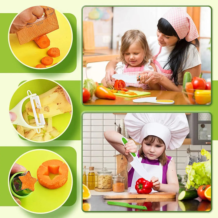 Children preparing food with an adult, with close-ups of a wooden knife, peeler, and food molds