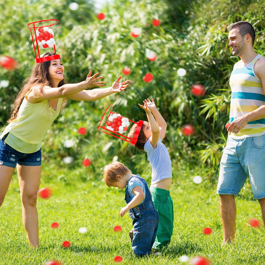 Children and adults playing with red headband basketball hoops and balls on a lawn