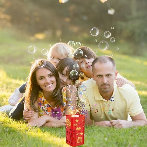 Family on a lawn with a red bubble machine and bubbles floating around them