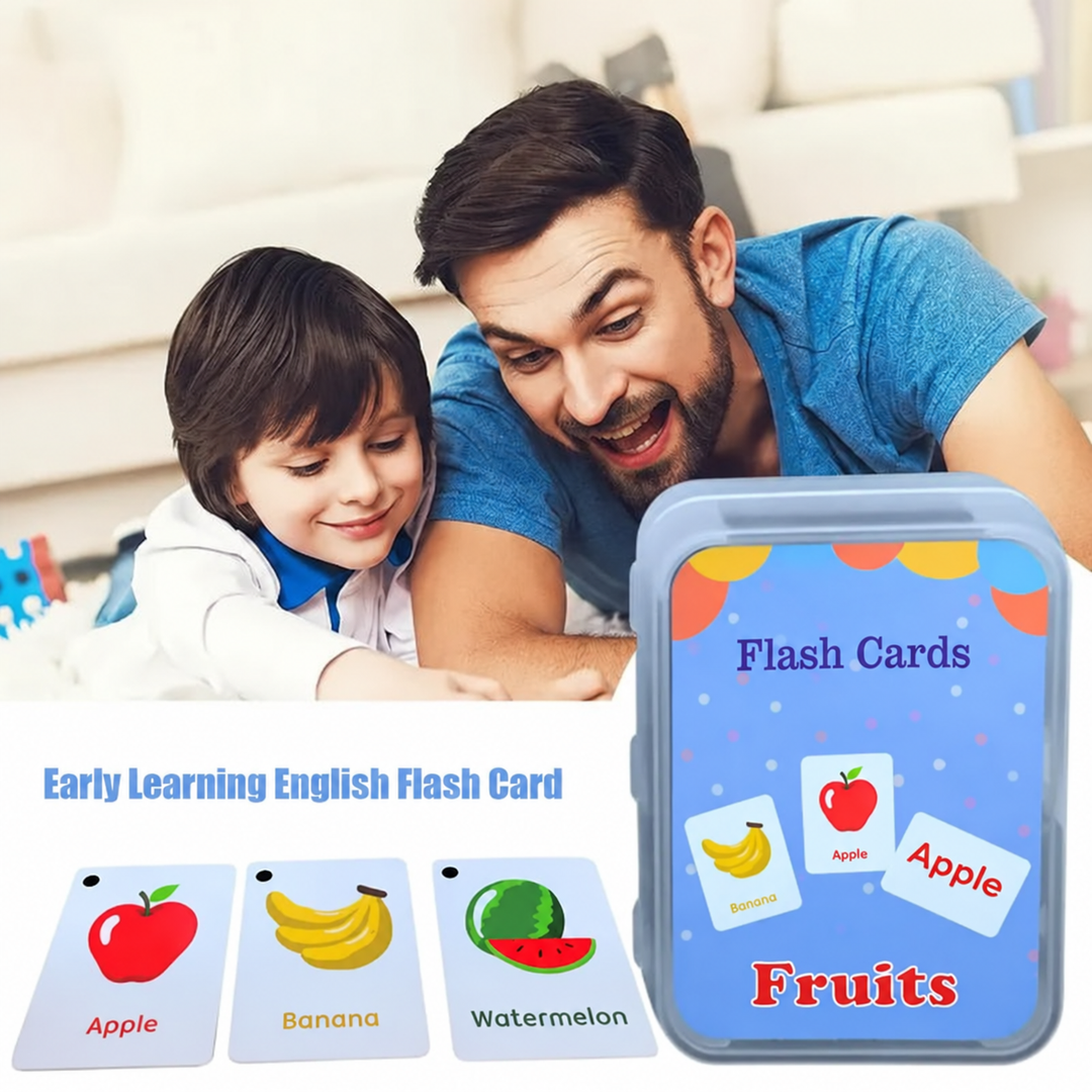 Adult and child pictured above fruit word cards and their storage case.
