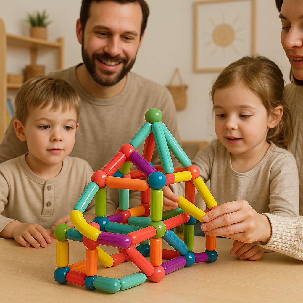 Two children and adults building a colorful magnetic stick house together