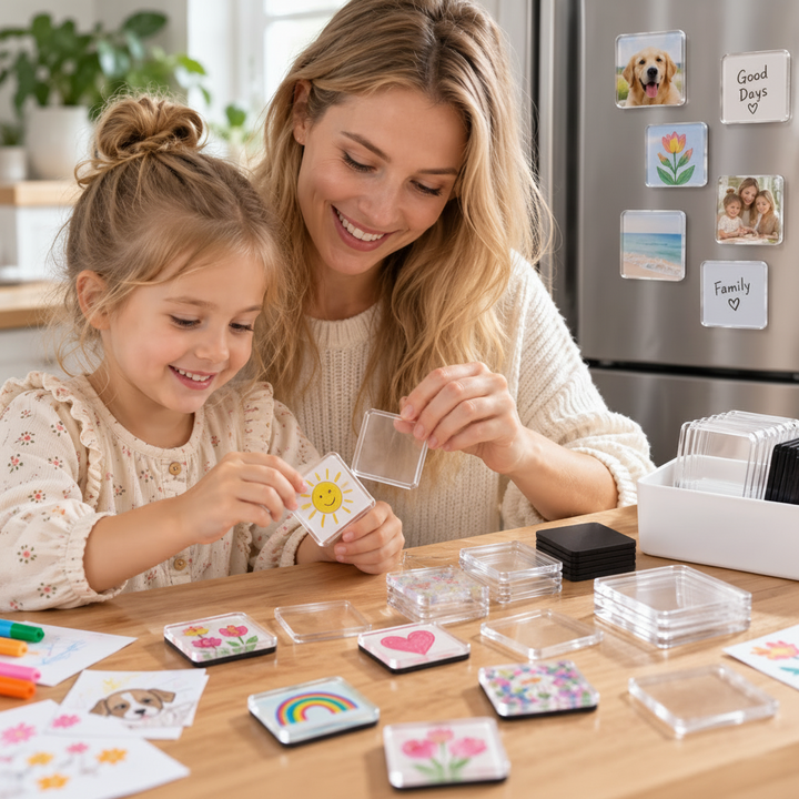 Adult and child making acrylic fridge magnets with drawings spread across a table.