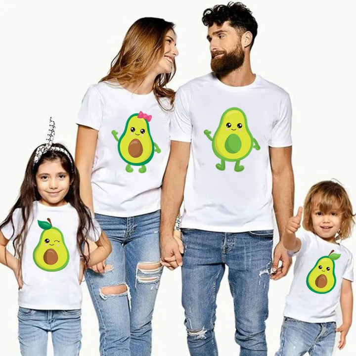 Parents and children wearing coordinating white avocado-print T-shirts