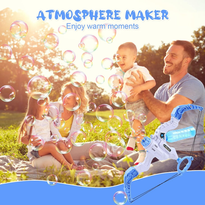 Family outdoors surrounded by bubbles with a blue-and-white bubble bow shown beside them