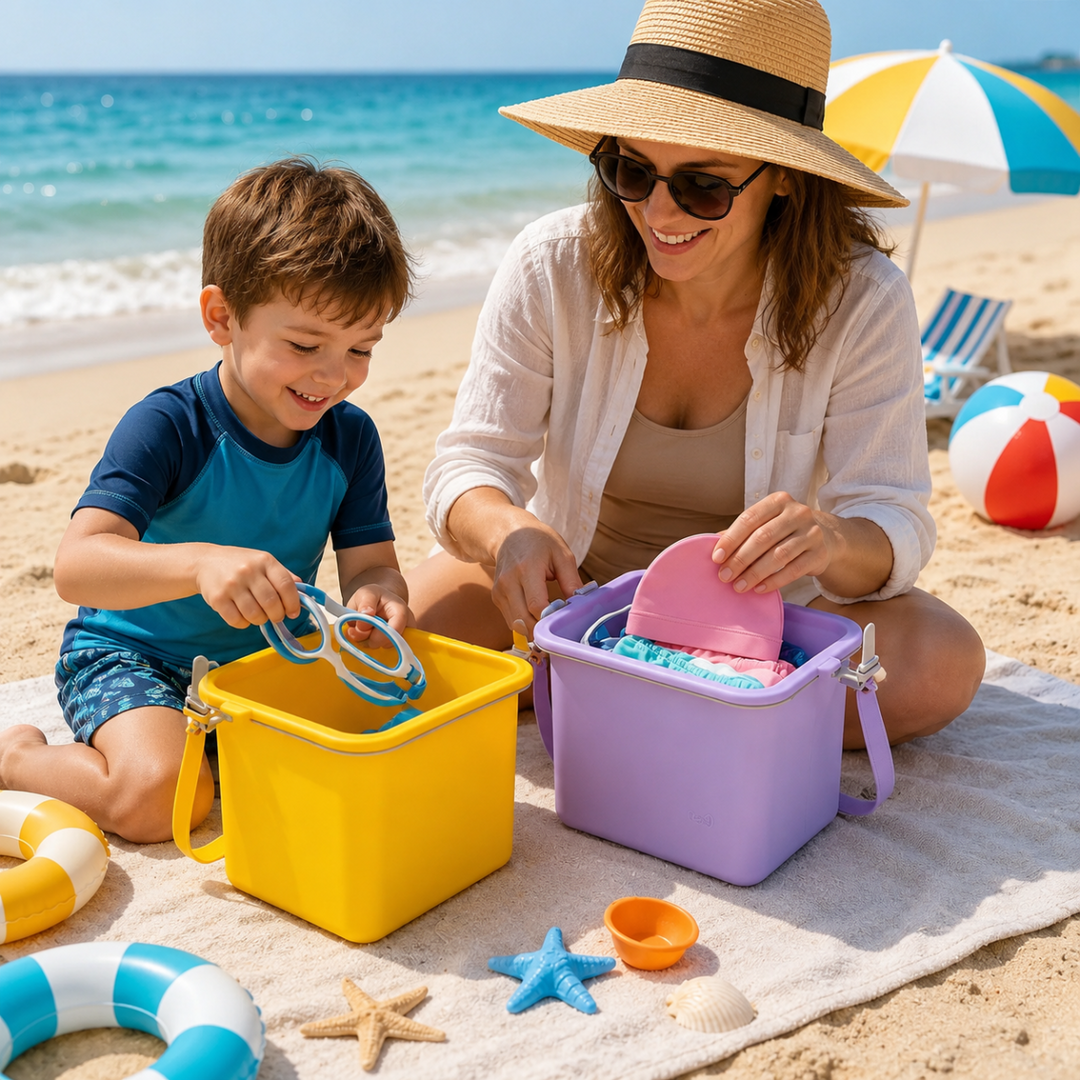 Woman and child packing yellow and purple open bags with swimming gear at the beach.