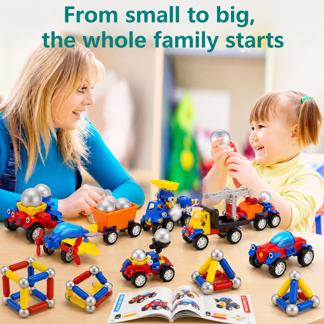 An adult and child playing with colorful magnetic vehicles beside an open building guide.