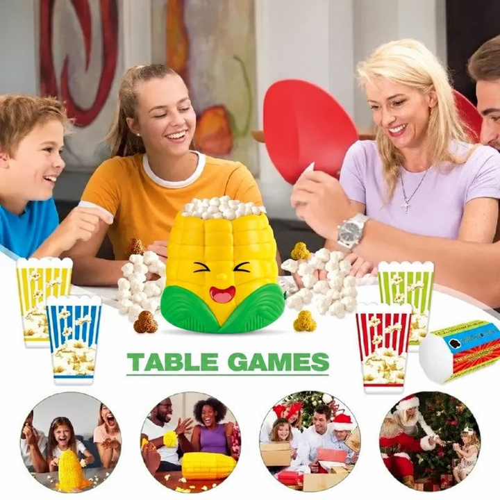 Children and an adult playing the corn-shaped popcorn catching game at a table