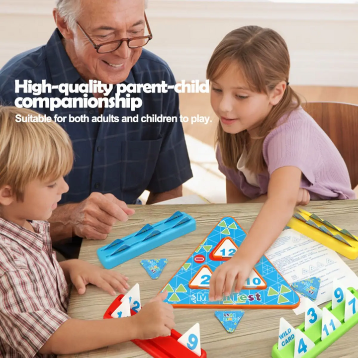 An adult and two children playing a math puzzle game together at a table