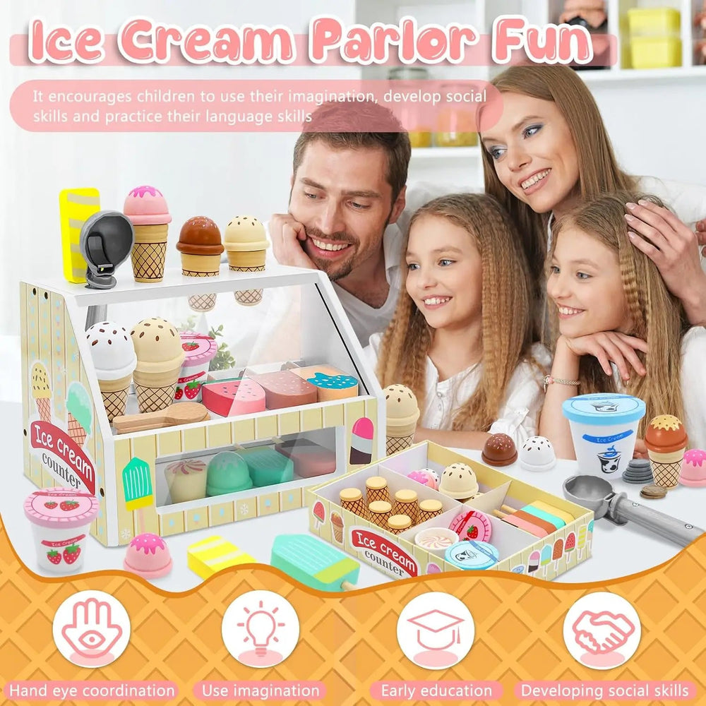 Family gathered around a pretend ice cream counter with colorful cones and cups