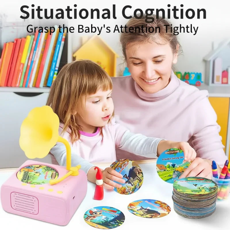 Parent and child exploring illustrated round cards beside a pink story player