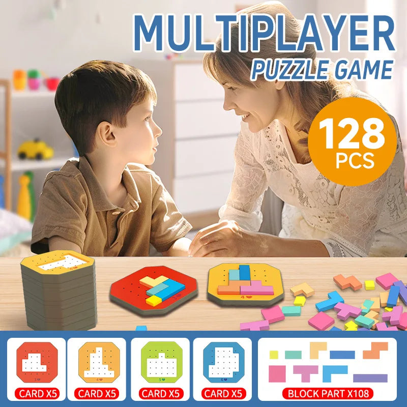 Adult and child sharing a wooden shape puzzle with a 128-piece set overview