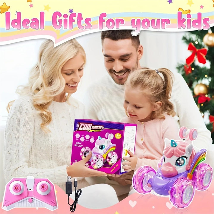 Family holding a unicorn RC car box beside the car, controller, and USB charging cable