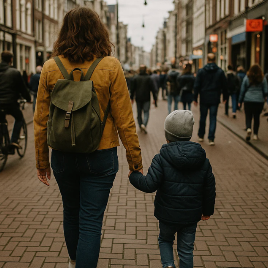 Adult and child holding hands while walking along a city street