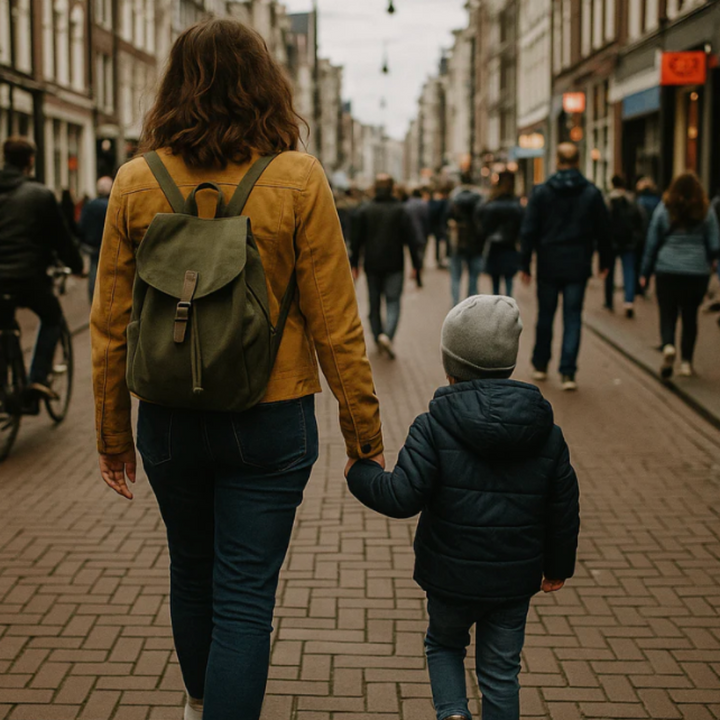 Adult and child holding hands while walking along a city street