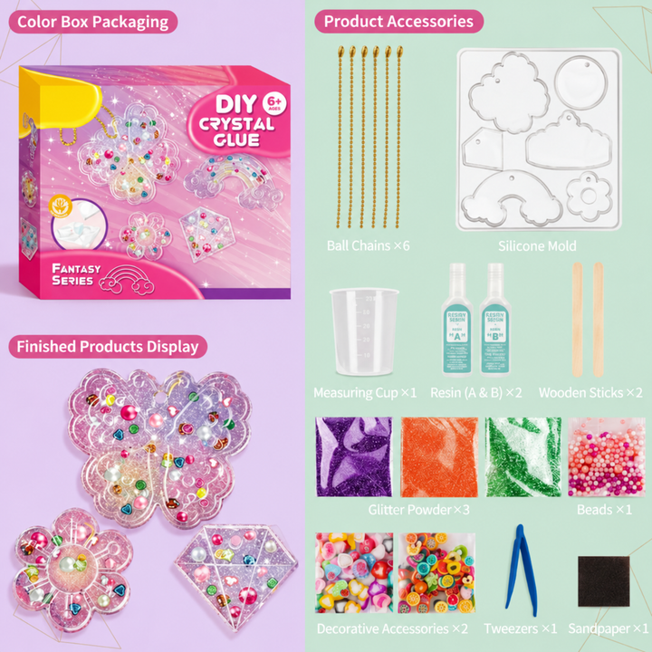 Fantasy-themed resin kit with flower and diamond charms, a silicone mold, resin, glitter, and beads
