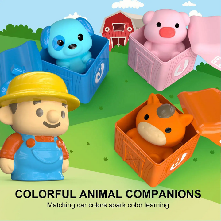 Farmer finger puppet beside puppy, pig, and horse figures in matching colored wagons