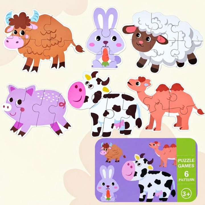 Six farm-themed animal puzzles, including a cow and rabbit, with a matching storage tin