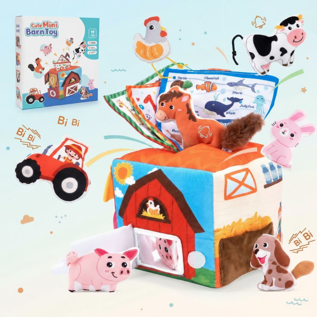Farm-themed tissue-box toy with plush animals and colorful fabric panels