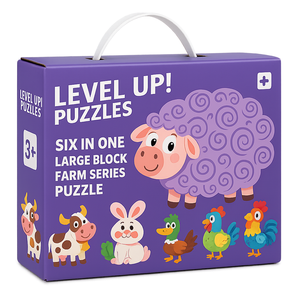 Purple farm puzzle box featuring a sheep and other farm animals