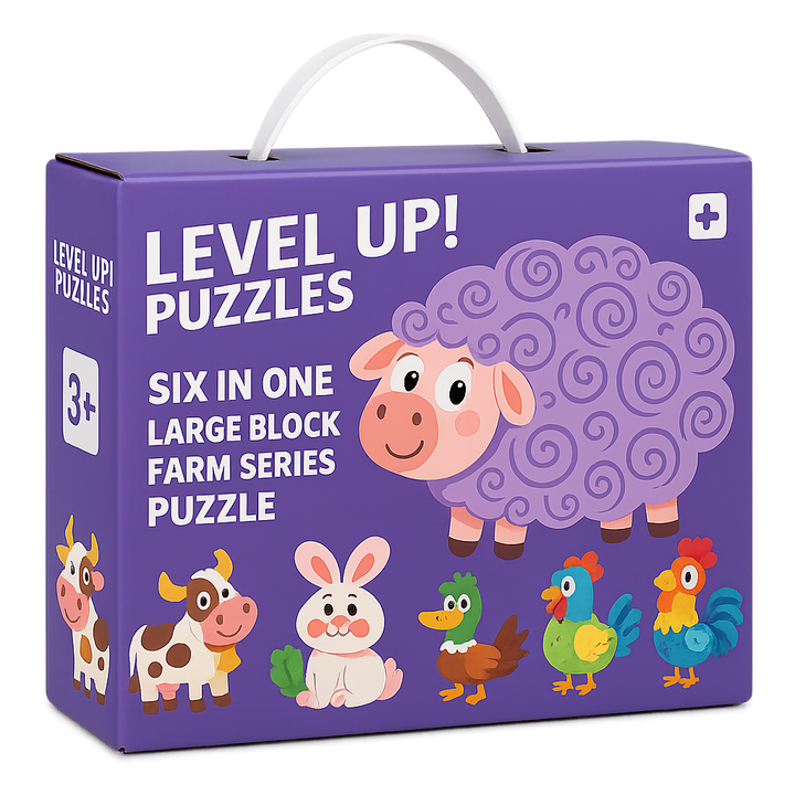 Purple farm puzzle box featuring a sheep and other farm animals