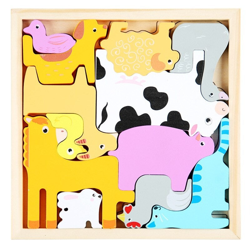 Wooden Farm puzzle with a cow, sheep, and other colorful animal pieces
