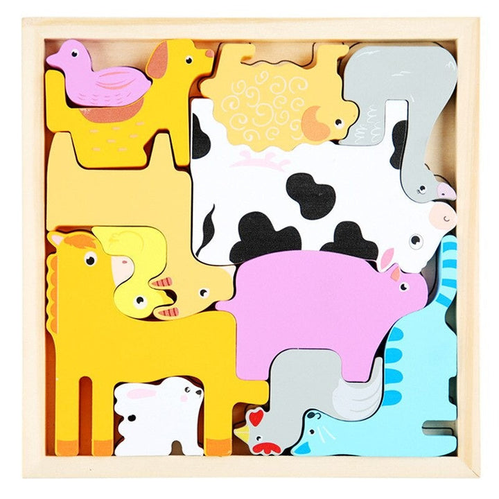Wooden Farm puzzle with a cow, sheep, and other colorful animal pieces