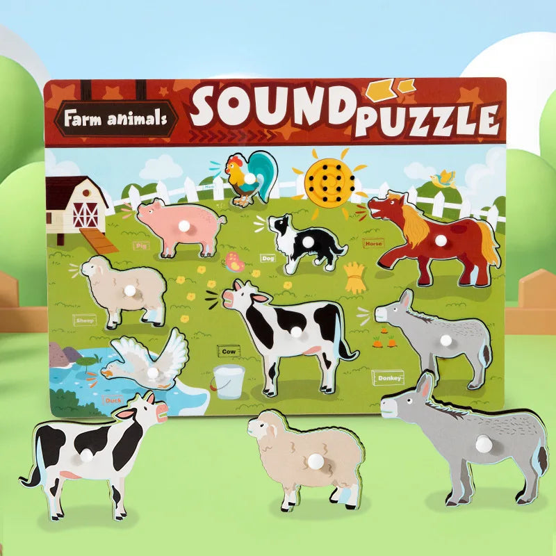 Farm animal wooden sound puzzle with knobbed pieces shown on and beside the board