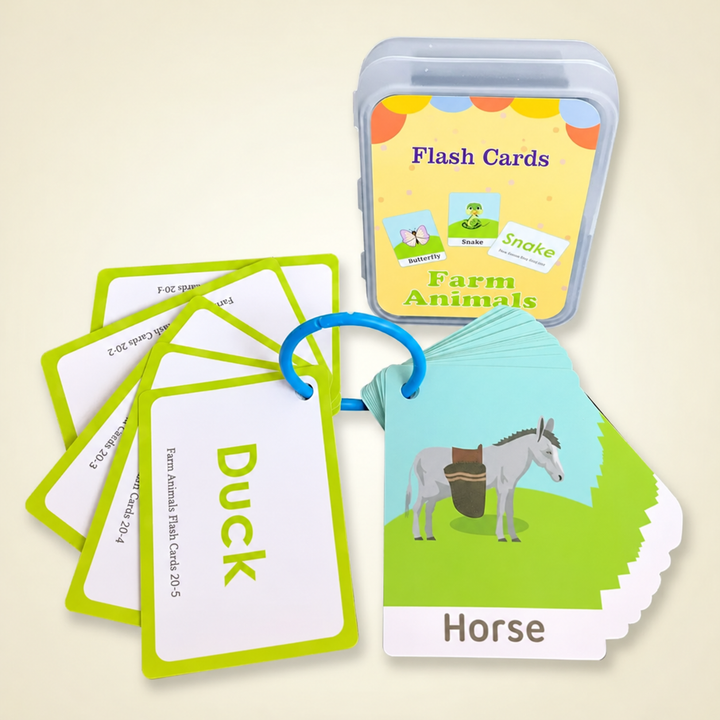 Farm animal flash cards showing duck and horse, with a ring and storage case.