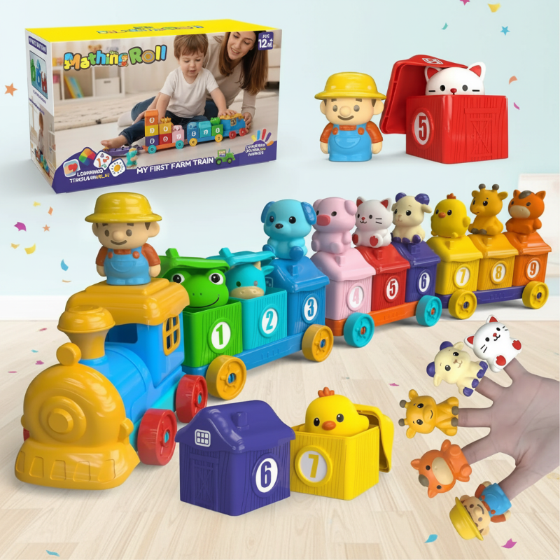 Farm Animals train set with farmer and animal figures, numbered wagons, and retail box