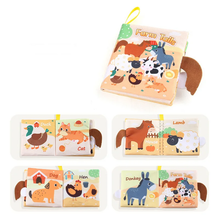 Farm animal fabric book with a hanging loop, fabric tails, and duck, cat, horse, and lamb pages.