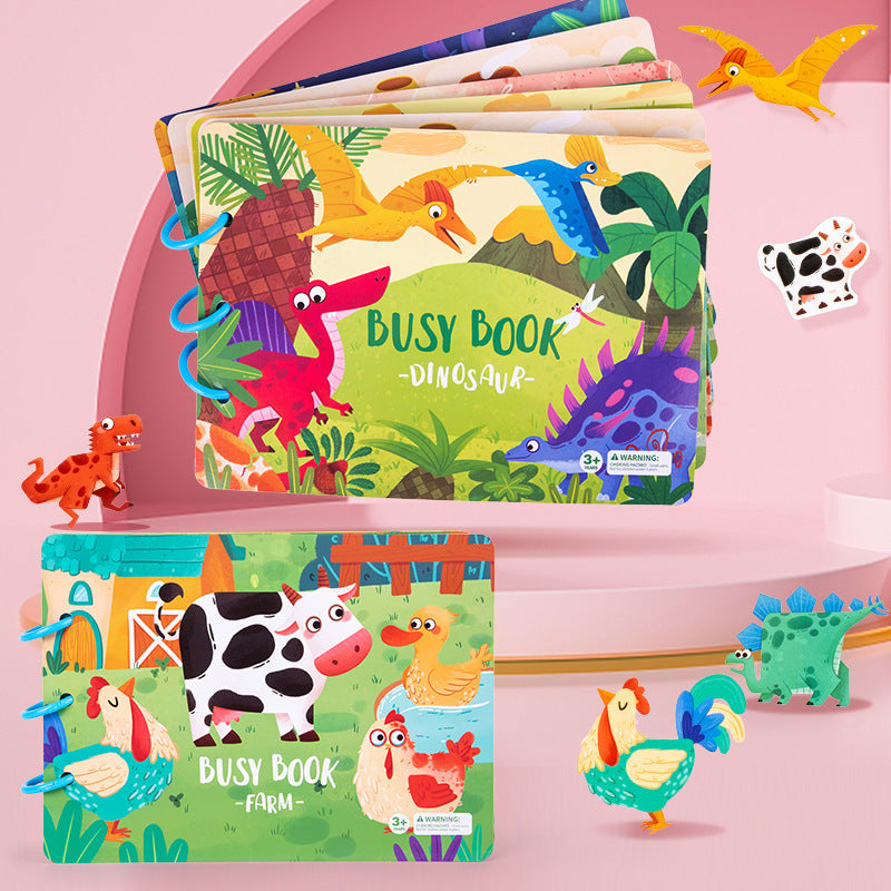 Farm and dinosaur activity books with colorful covers and animal matching pieces