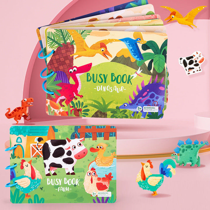 Farm and dinosaur activity books with colorful covers and animal matching pieces