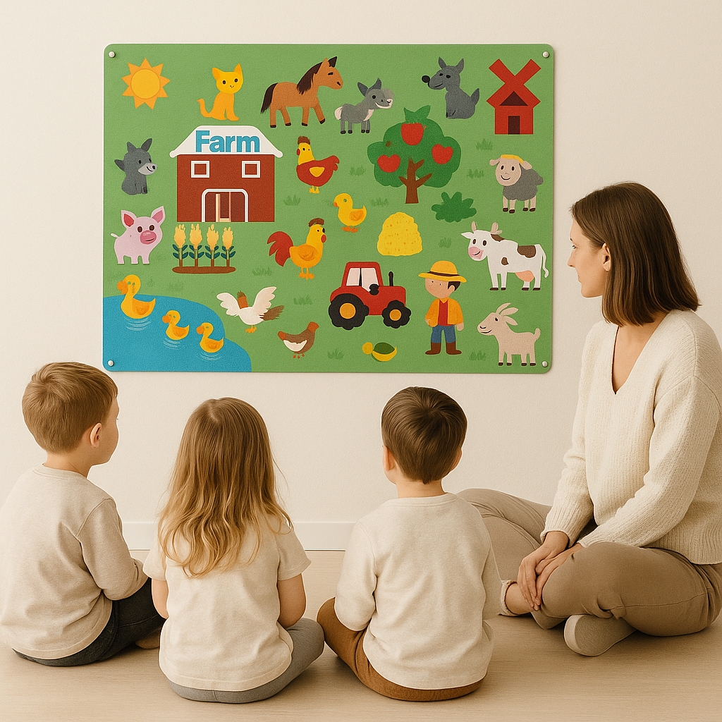 An adult and three children seated beside a farm-themed felt board