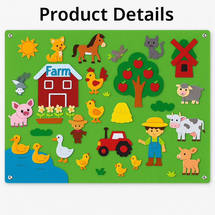 Farm felt board with animal pieces, a red barn, tractor, windmill, and apple tree
