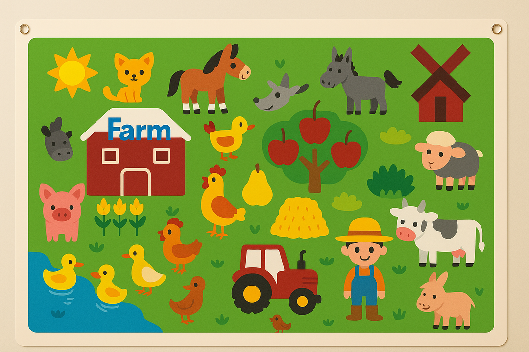 Farm scene felt board featuring a red barn, tractor, farmer, ducks, cows, and other animals