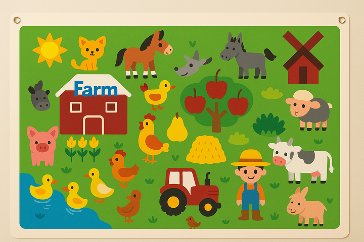 Farm felt board with a barn, tractor, farmer, pond, and colorful animal pieces