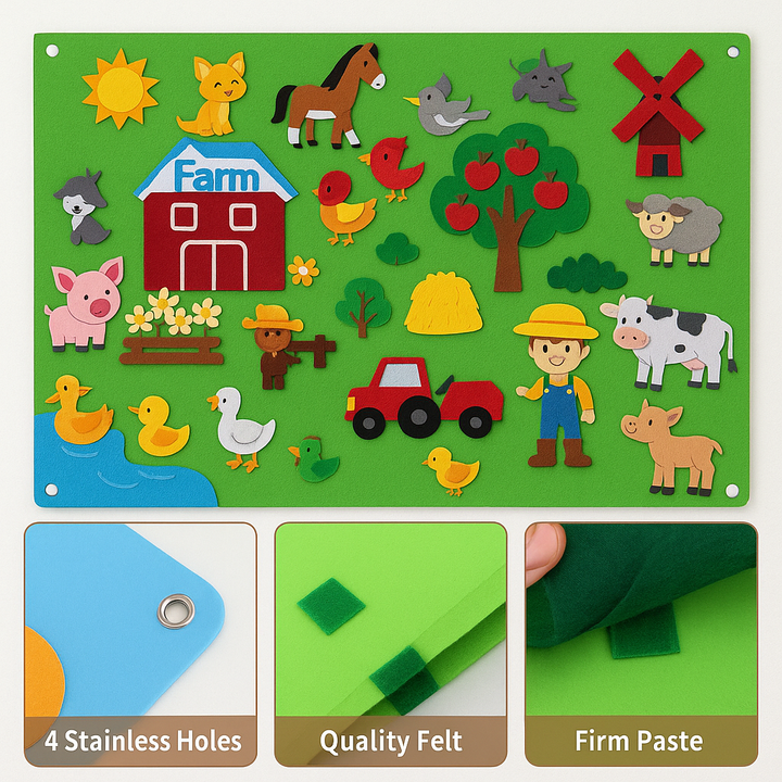 Farm felt board with close-ups of a corner eyelet, felt material, and piece attachment