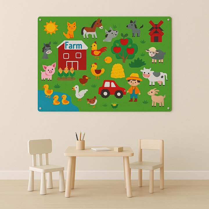 Farm felt board with a barn, tractor, farm animals, and fruit tree above a small table