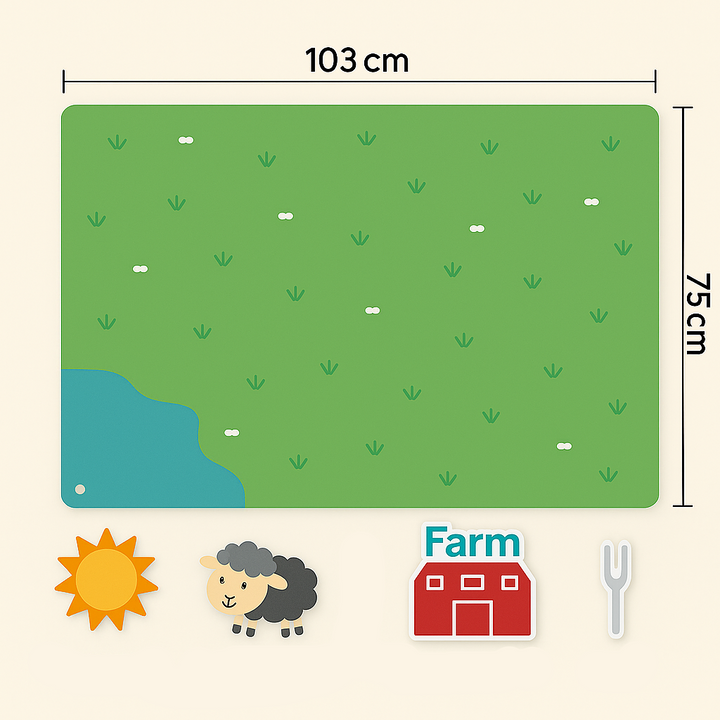 Felt board measurement graphic showing 103 cm width and 75 cm height with sample farm pieces